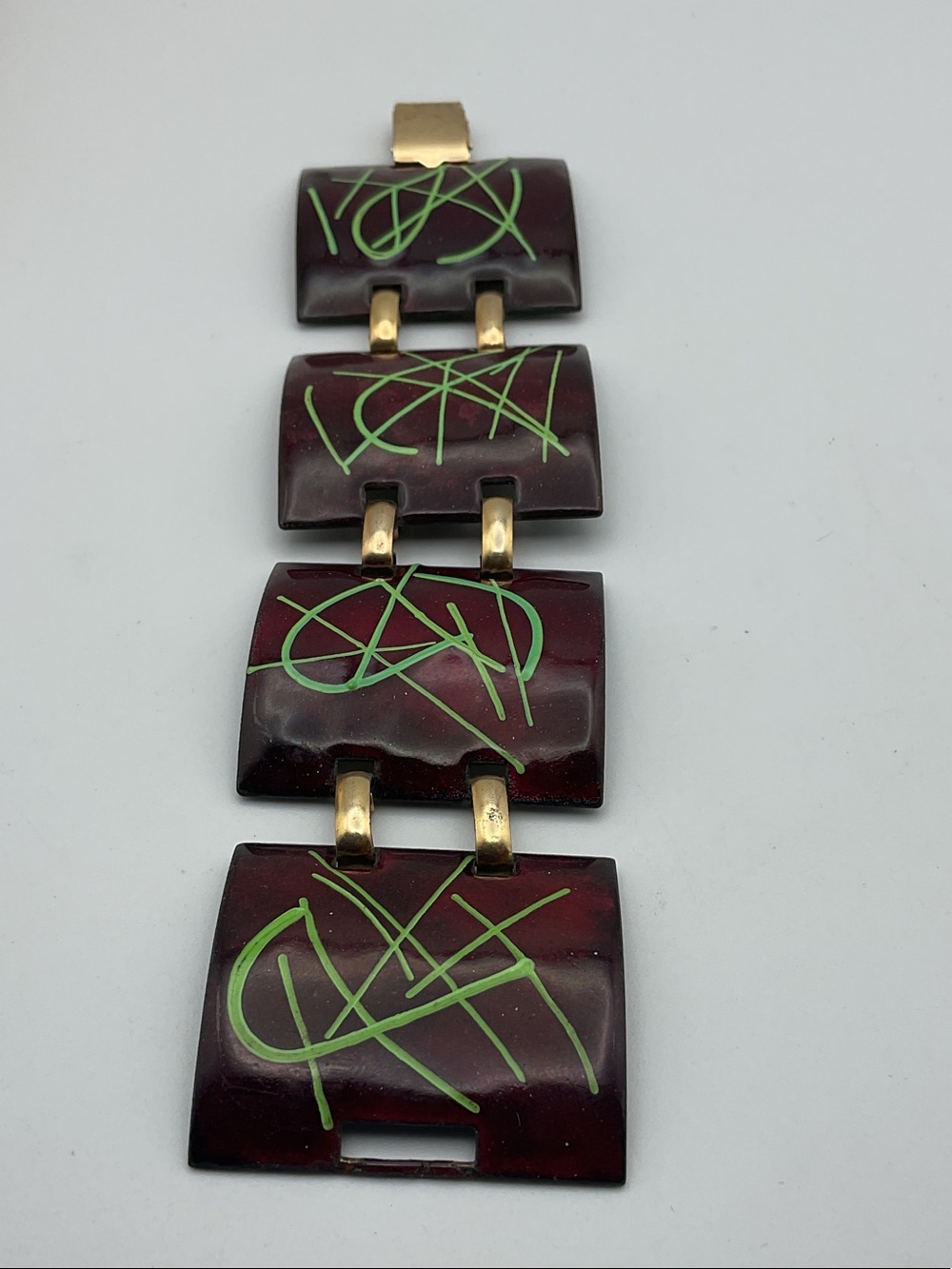 VTG Mid Century Modern Enamel on Copper Panel Bracelet Oxblood Red Green MCM
